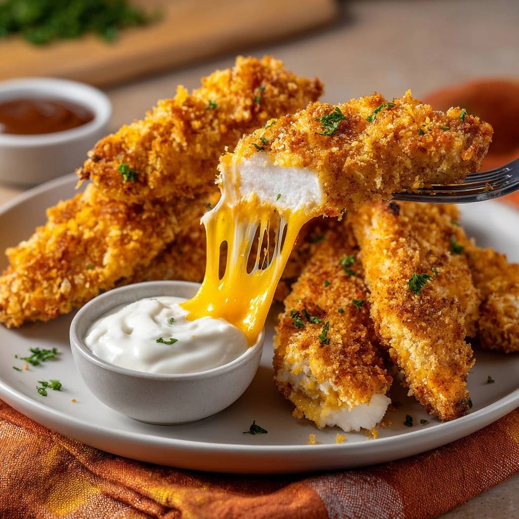 Kaesegefuellte Haehnchen Nuggets Kaese Zieht 1 Knusprige Käsegefüllte Hähnchen-Nuggets mit geschmolzenem Käse, der beim Dippen Fäden zieht.