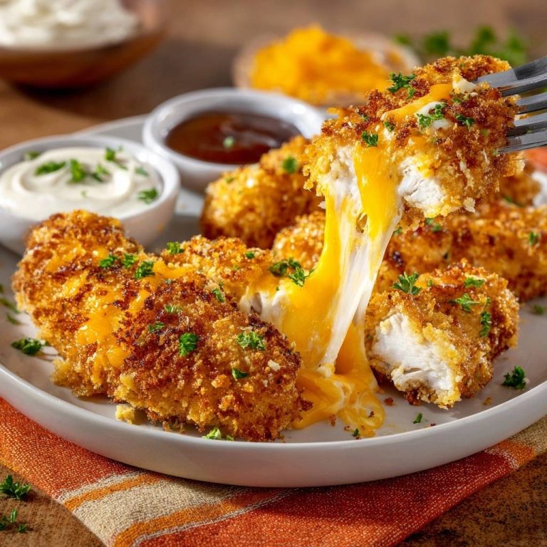 Knusprige Käsegefüllte Hähnchen-Nuggets mit geschmolzenem Käse, nahaufnahme des saftigen Inneren.