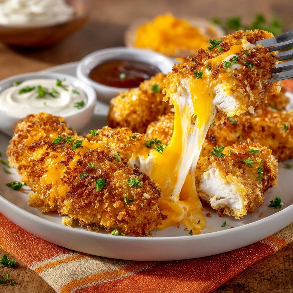 Knusprige Käsegefüllte Hähnchen-Nuggets mit geschmolzenem Käse, nahaufnahme des saftigen Inneren.