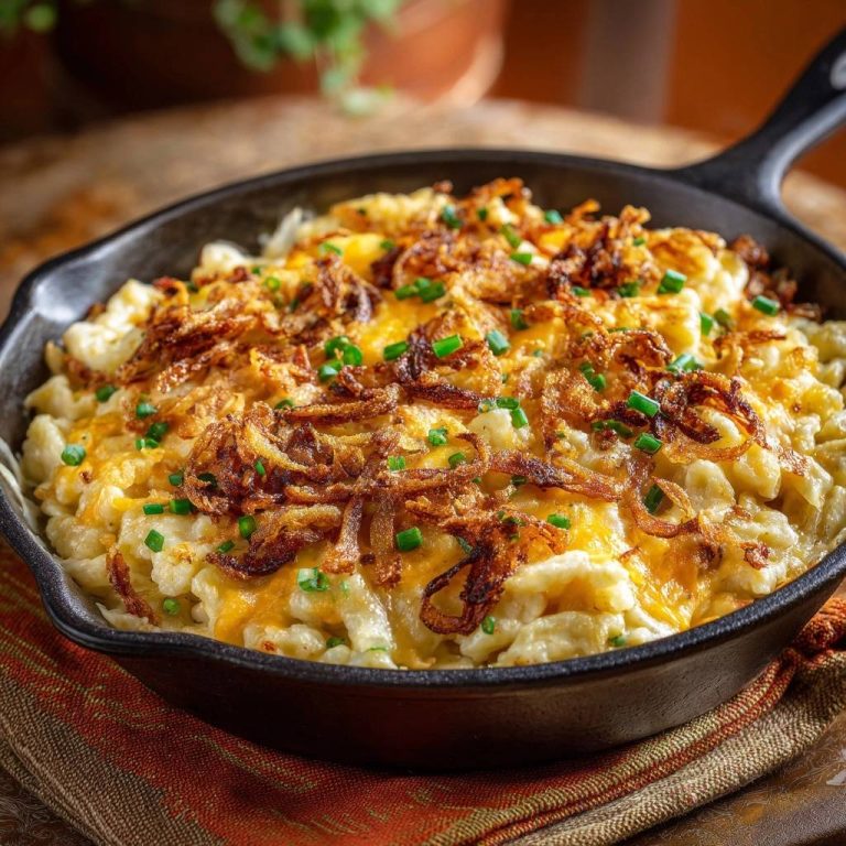 Käsespätzle mit knusprigen Zwiebeln und Schnittlauch, serviert in einer gusseisernen Pfanne auf einem bunten Tuch.