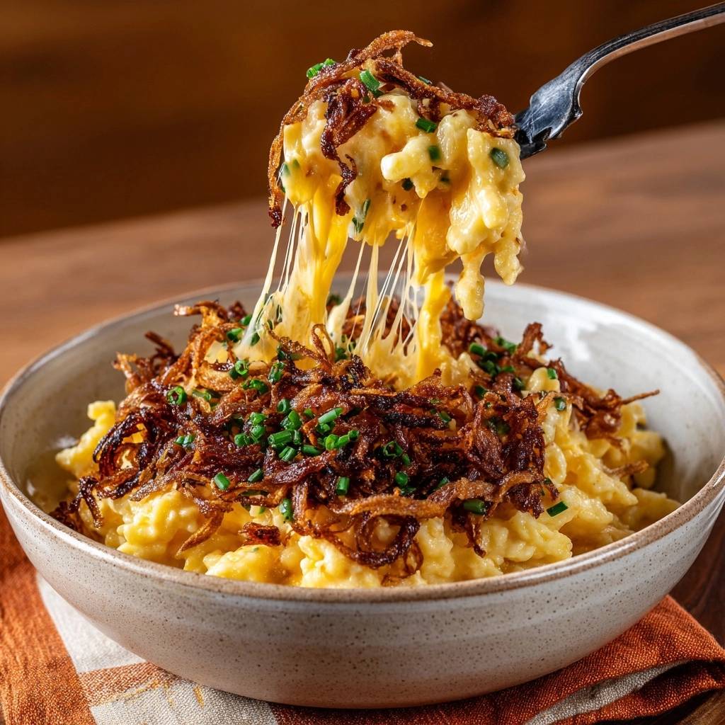 Käsespätzle mit knusprigen Zwiebeln, detailreiche Nahaufnahme der Käsefäden und Zwiebelgarnitur auf einem Löffel.
