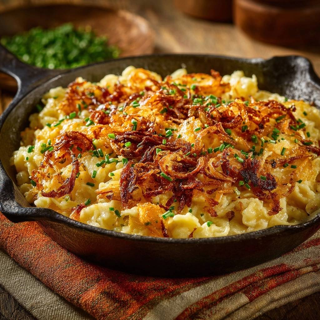 Käsespätzle mit knusprigen Röstzwiebeln und frischem Schnittlauch garniert, serviert in einer gusseisernen Pfanne.