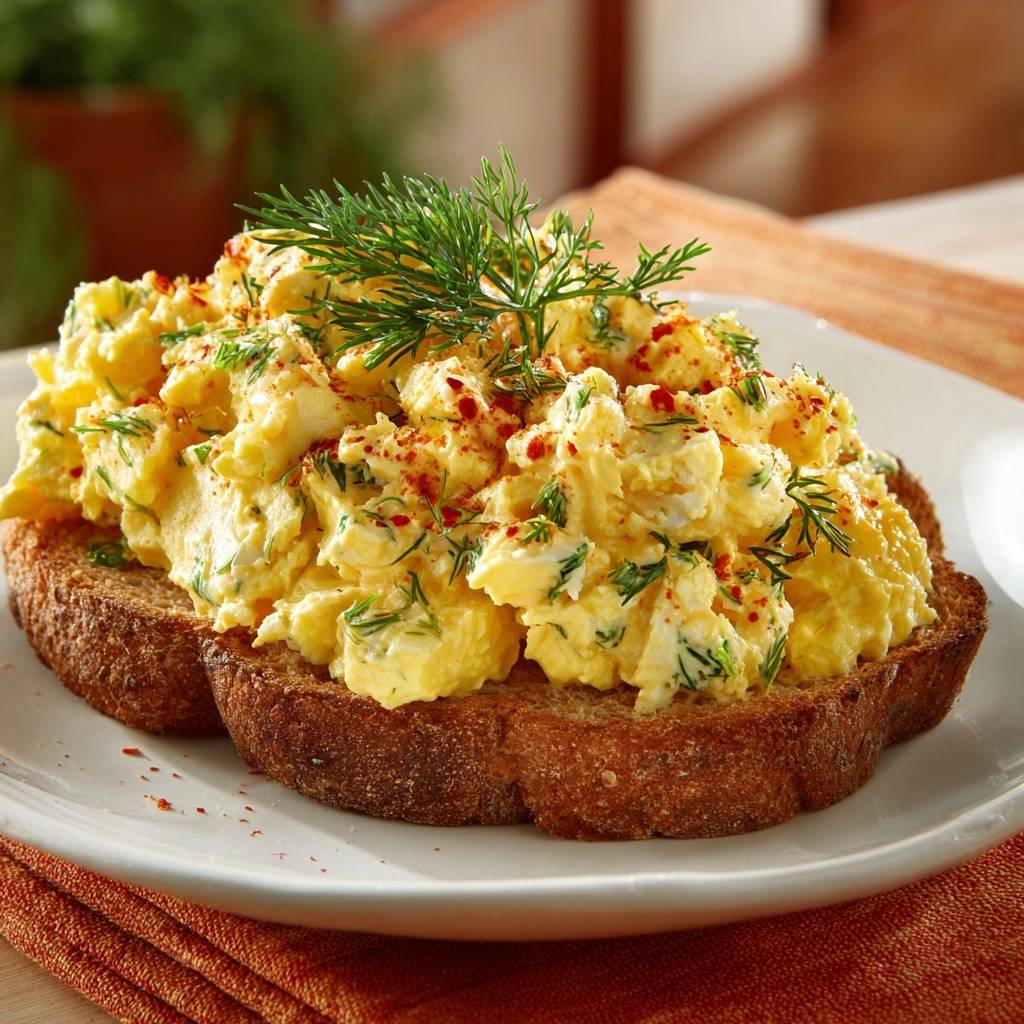 Kartoffel Ei Salat Auf Brot Garniert 1 Knackiger Kartoffel-Ei-Salat auf Brot, großzügig garniert mit frischem Dill und Paprikapulver auf geröstetem Brot.
