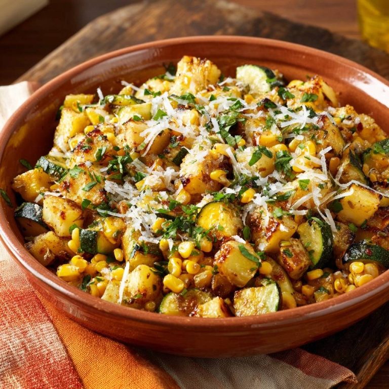 Knusprige Kartoffel-Zucchini-Mais-Pfanne Rezept, garniert mit geriebenem Käse und frischer Petersilie in einer braunen Schüssel