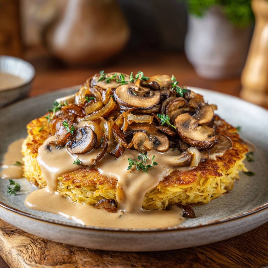 Kartoffelroesti Mit Pilzrahm Nahaufnahme 1 Knuspriger Kartoffelrösti mit Pilzrahm, serviert mit einer cremigen Sauce und garniert mit frischen Kräutern.