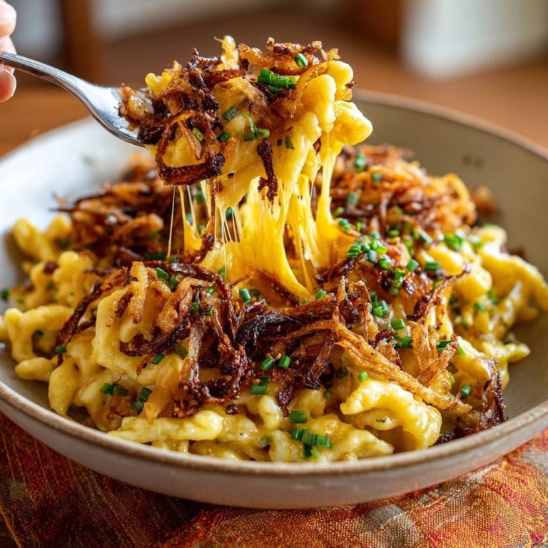Käsespätzle mit knusprigen Zwiebeln, wie sie mit Käse, der Fäden zieht, von einer Gabel genommen werden.