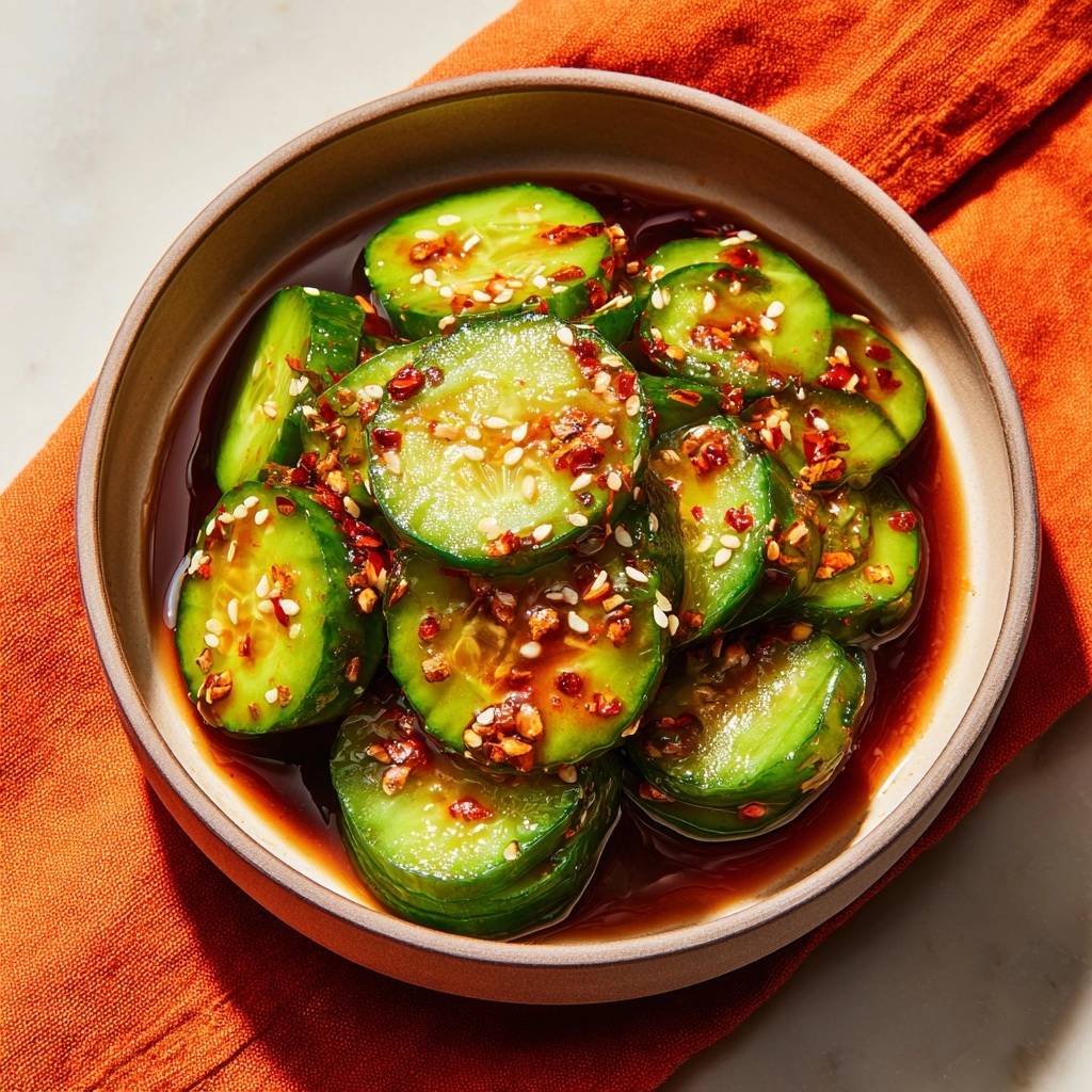 Knackige Gurken Scharfer Sesam Chili Sauce Nahaufnahme Garni 1 Knackige Gurken in scharfer Sesam-Chili-Sauce, nahaufnahme der marinierten Gurkenscheiben mit Sesam und Chili-Flocken garniert.