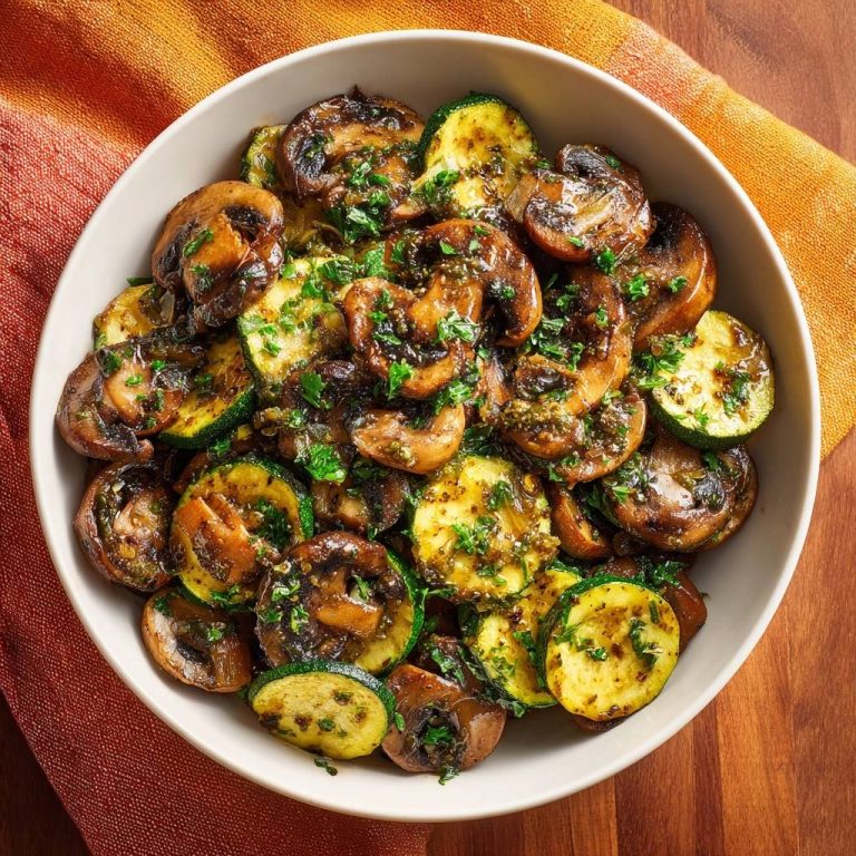 Knackige Pilz-Zucchini-Pfanne als Draufsicht in einer Schüssel mit frischer Petersilie garniert.