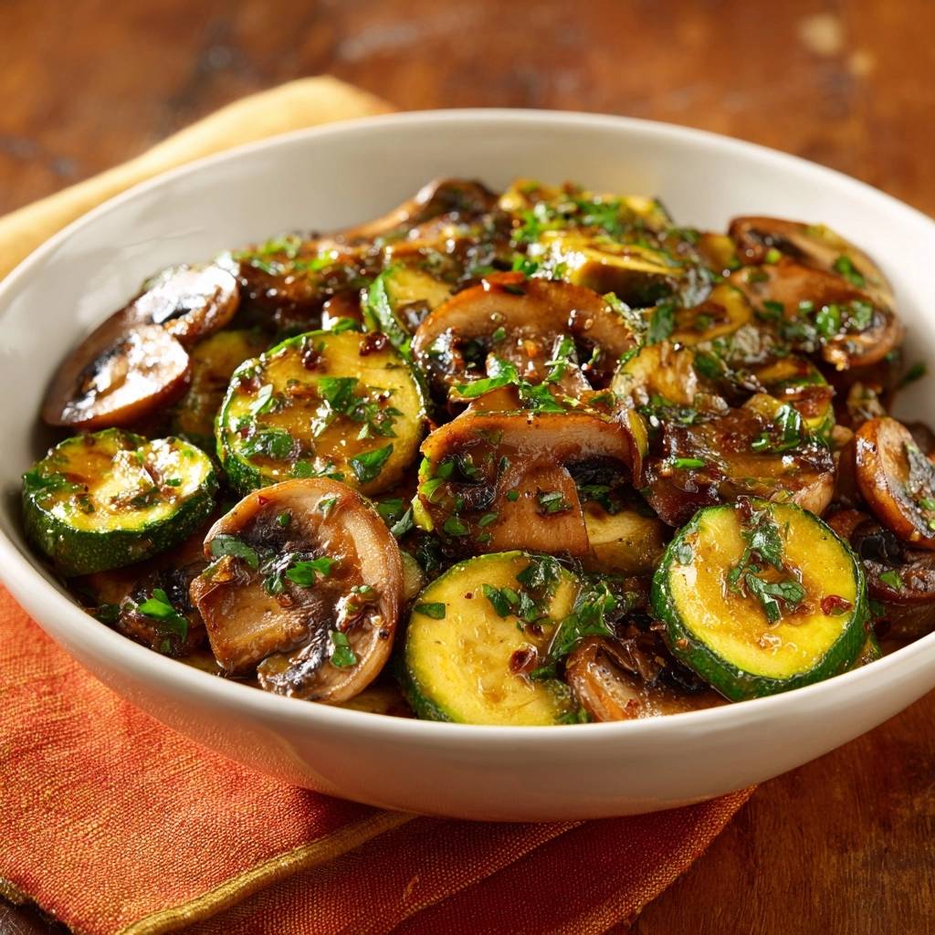 Knackige Pilz Zucchini Pfanne Nahaufnahme Glasur 1 Knackige Pilz-Zucchini-Pfanne als Nahaufnahme mit glänzender Glasur und Kräutern garniert.