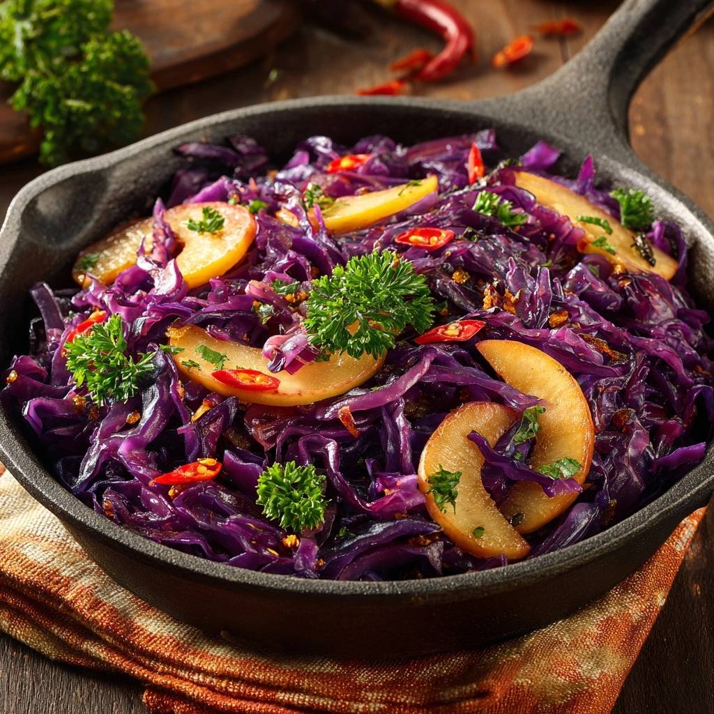 Knackiger Rotkohl Mit Aepfeln Nahaufnahme 1 Knackiger Rotkohl mit Äpfeln, Zwiebeln und Chili, eine Nahaufnahme des in der Pfanne zubereiteten Gerichts mit frischer Petersilie und Chili.