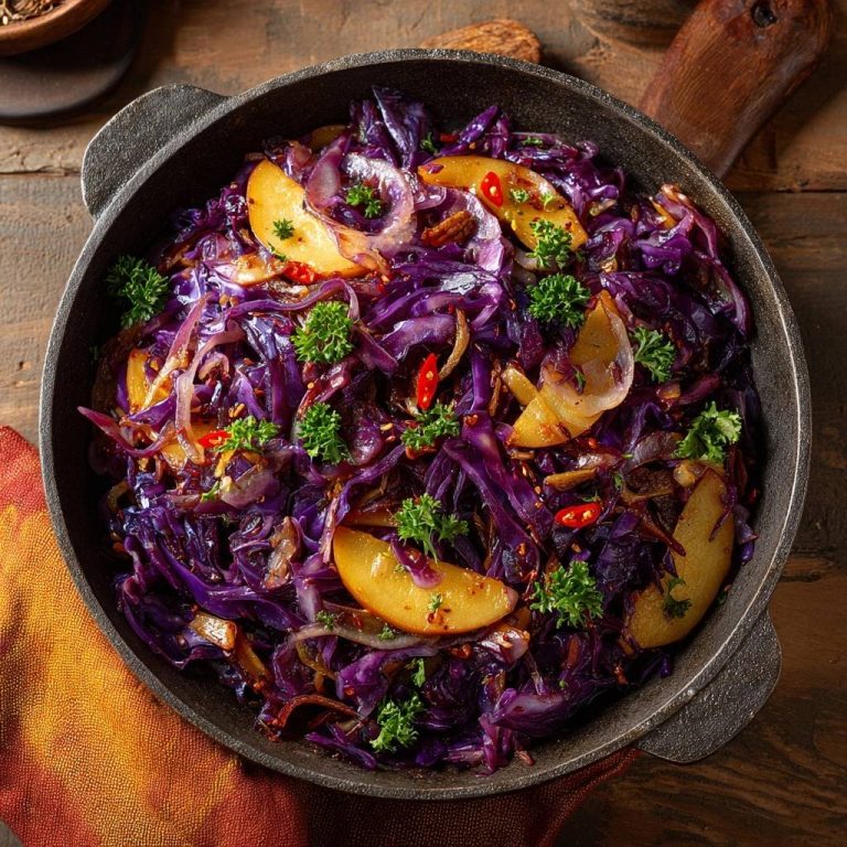 Knackiger Rotkohl mit Äpfeln, Zwiebeln und Chili als Draufsicht in einer gusseisernen Pfanne garniert mit Petersilie.