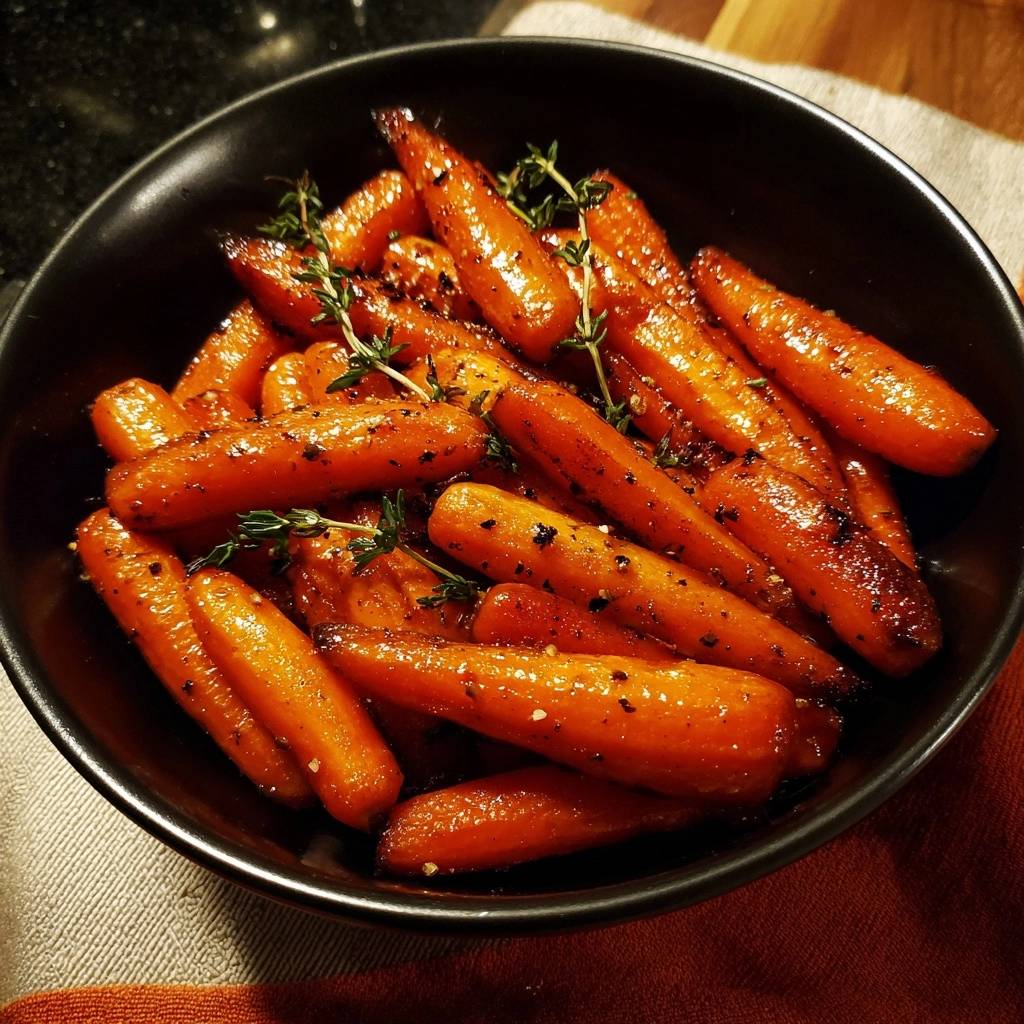 Knusprig glasierte Karotten mit Thymian in einer schwarzen Schüssel, nahaufnahme der glasierten Oberfläche und Kräuter.