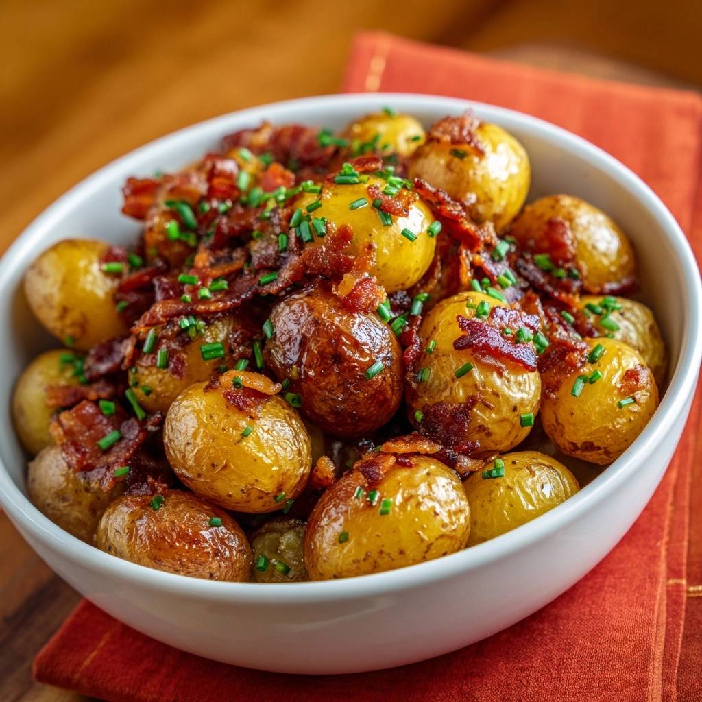 Knusprige Babykartoffeln mit Bacon und Schnittlauch, garniert mit knusprigem Speck und frischem Schnittlauch in einer weißen Schüssel.