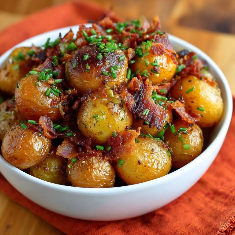Knusprige Babykartoffeln mit Bacon und Schnittlauch, garniert mit knusprigem Speck und frischem Schnittlauch in einer weißen Schüssel.