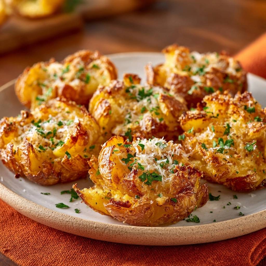 Knusprige Babykartoffeln Mit Parmesan Detail Garnitur 1 Knusprige Babykartoffeln mit Parmesan, im Detail mit frischer Petersilie und geriebenem Käse garniert auf einem Teller serviert.