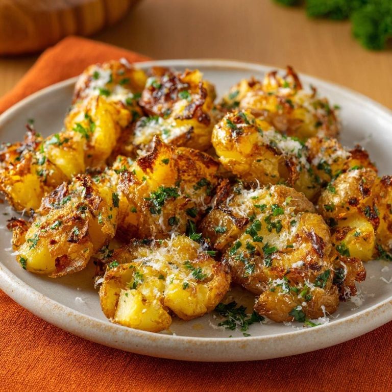 Knusprige Babykartoffeln mit Parmesan auf einem Teller garniert mit Petersilie, Nahaufnahme