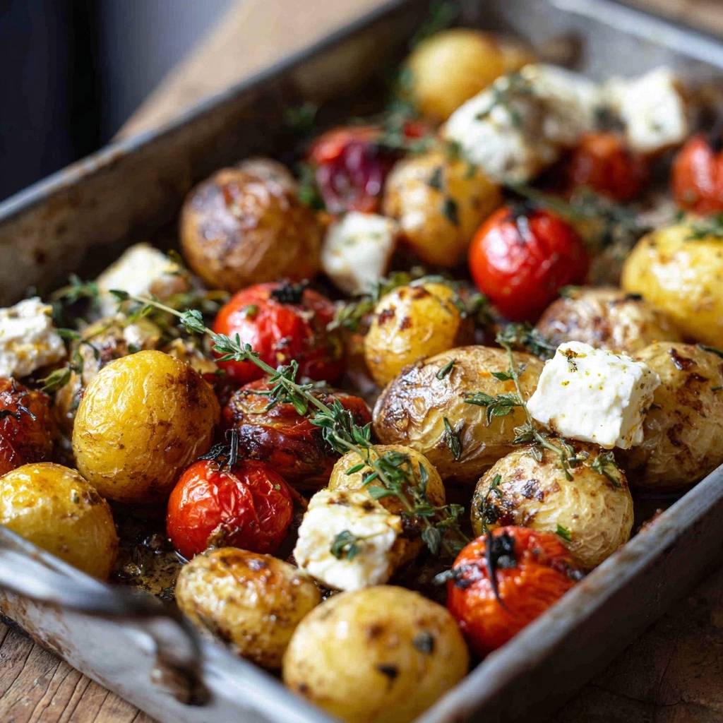 Knusprige Babykartoffeln Mit Tomaten Und Feta Nahaufnahme 1 Knusprige Babykartoffeln mit Tomaten und Feta, eine Nahaufnahme des gebackenen Gerichts mit Kräutern und geschmolzenem Käse.