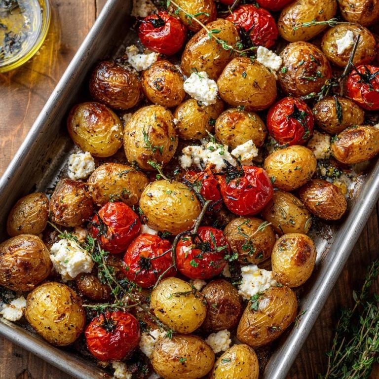 Knusprige Babykartoffeln mit Tomaten und Feta aus der Auflaufform, nahaufnahme von oben mit Kräutern und Käse.