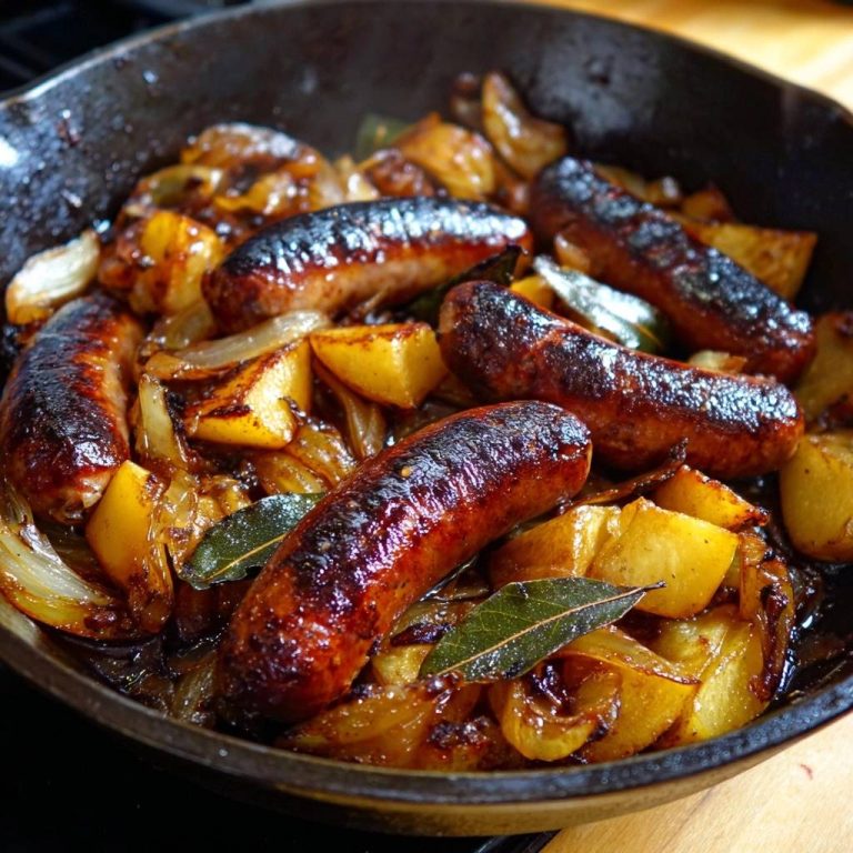 Knusprige Bratwurst mit Zwiebeln und Bratkartoffeln, in einer gusseisernen Pfanne gebraten und mit Lorbeerblättern garniert.
