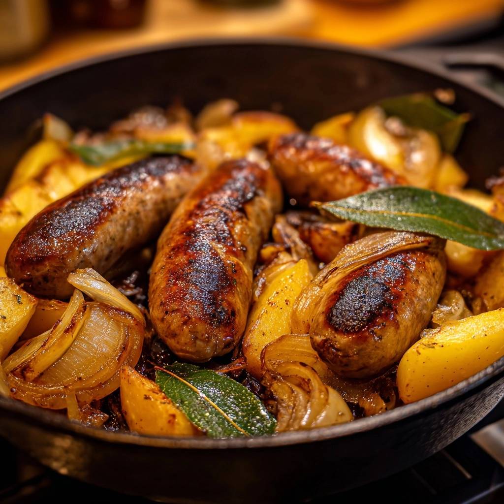 Knusprige Bratwurst mit Zwiebeln und Bratkartoffeln in einer Eisenpfanne aus der Nähe aufgenommen, mit Lorbeerblättern garniert.