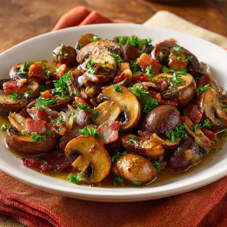 Knusprige Champignons mit Speck und Zwiebeln, garniert mit frischer Petersilie, serviert auf einem Teller