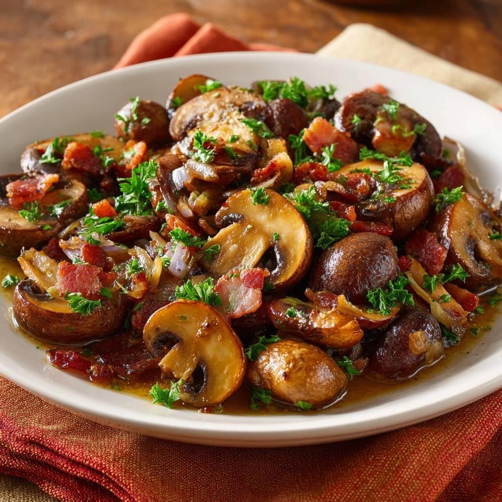 Knusprige Champignons mit Speck und Zwiebeln, garniert mit frischer Petersilie, serviert auf einem Teller