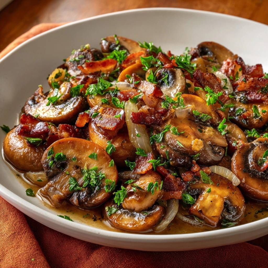 Knusprige Champignons Mit Speck Und Zwiebeln Detail Garniert 1 Knusprige Champignons mit Speck und Zwiebeln, garniert mit frischer Petersilie, in einer weißen Schüssel serviert.