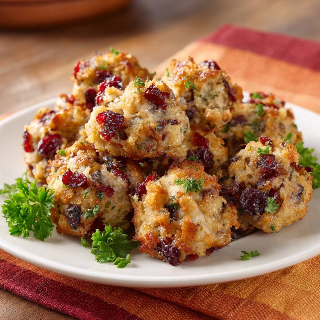 Knusprige Cranberry-Petersilie-Bällchen auf einem Teller mit frischer Petersilie garniert, Nahaufnahme des Belags.