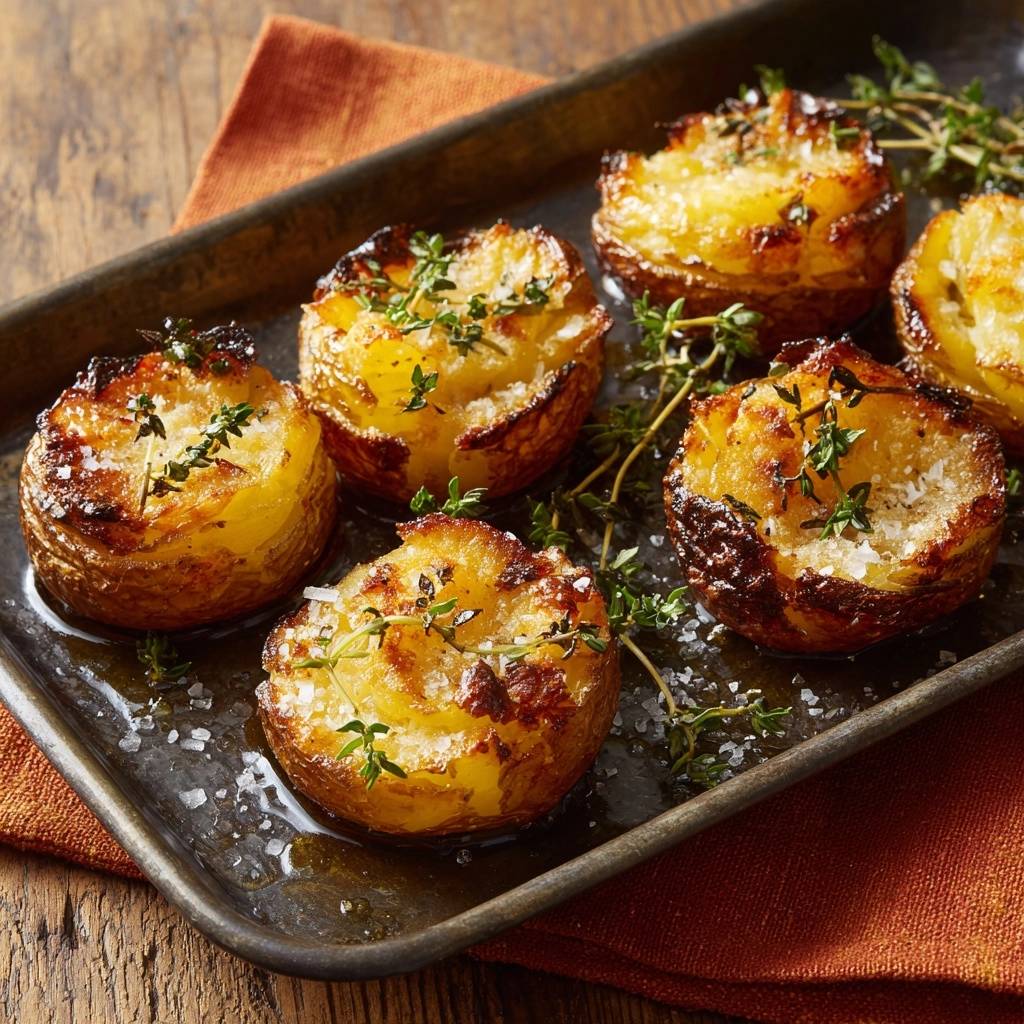 Knusprige Duchesse-Kartoffeln mit frischer Thymian-Garnitur und grobem Meersalz, frisch aus dem Ofen.