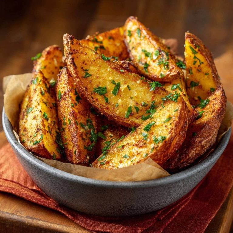 Knusprige Kartoffel-Wedges mit Kräutern, detailreiche Nahaufnahme mit frischer Petersilie bestreut