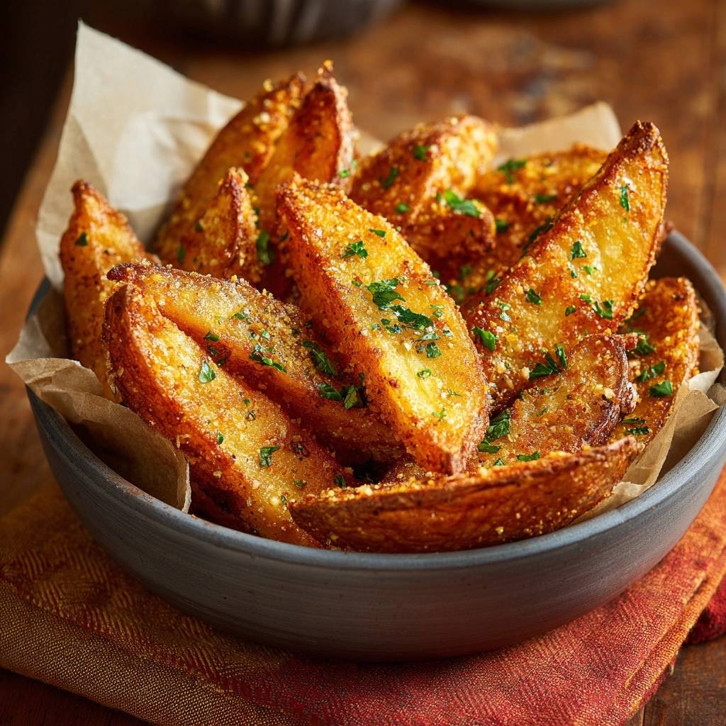 Knusprige Kartoffel-Wedges mit Kräutern, garniert mit frischer Petersilie und geriebenem Käse in einer Schüssel