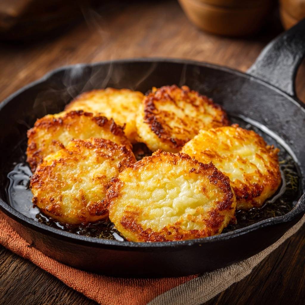 Knusprige Kartoffelpuffer werden in einer gusseisernen Pfanne goldbraun gebraten, wobei Dampf aufsteigt.