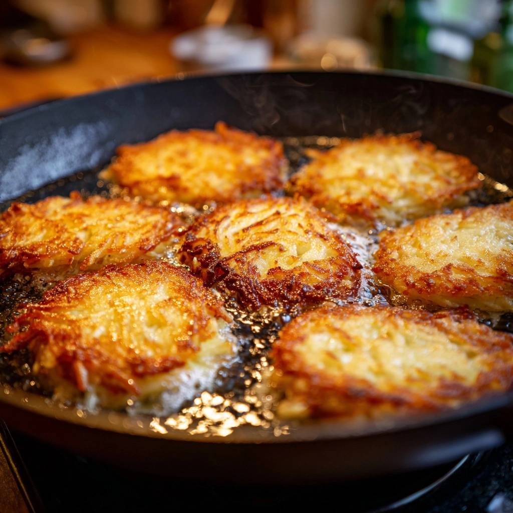 Knusprige Kartoffelpuffer In Pfanne Braten 1 Knusprige Kartoffelpuffer werden in einer gusseisernen Pfanne in heißem Öl goldbraun gebraten.
