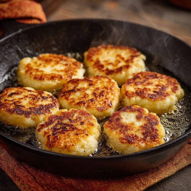 Knusprige Kartoffelpuffer werden in einer Gusseisenpfanne mit sprudelndem Öl goldbraun gebraten, Dampf steigt auf.