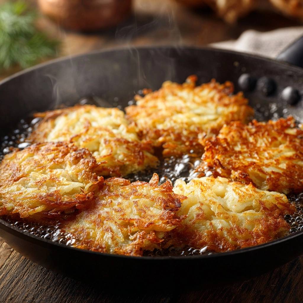 Knusprige Kartoffelpuffer werden in einer Pfanne mit sprudelndem Öl goldbraun gebraten, Dampf steigt auf.