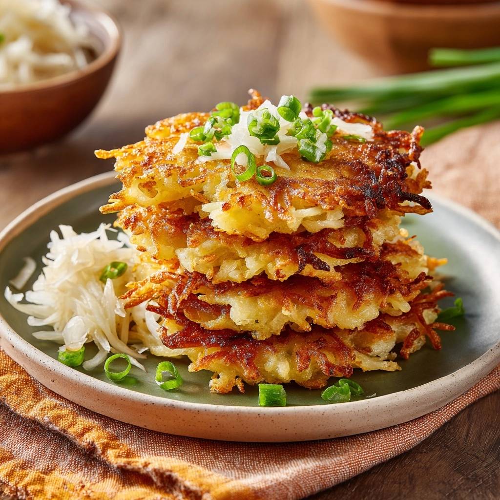 Knusprige Kartoffelpuffer mit Sauerkraut, gestapelt auf einem Teller und garniert mit Frühlingszwiebeln.