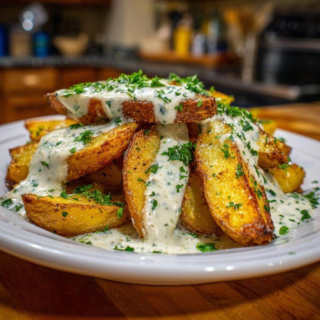 Knusprige Kartoffelspalten mit Kräutersauce, serviert auf einem weißen Teller, mit einem Nahaufnahme-Fokus auf die Textur der Kartoffeln und Sauce.