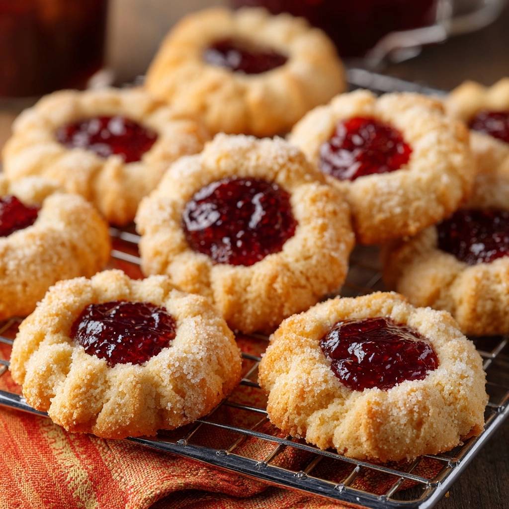 Knusprige Kokos Himbeerkekse Nahaufnahme Kuehlgitter 1 Knusprige Kokos-Himbeerkekse frisch gebacken auf einem Metallgitter, mit Marmelade in der Mitte