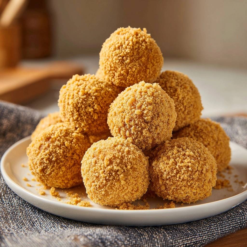 Knusprige Kurkuma Kichererbsen Bae 1 Knusprige Kurkuma-Kichererbsen-Bällchen auf einem Teller, umhüllt von goldbrauner Kruste.