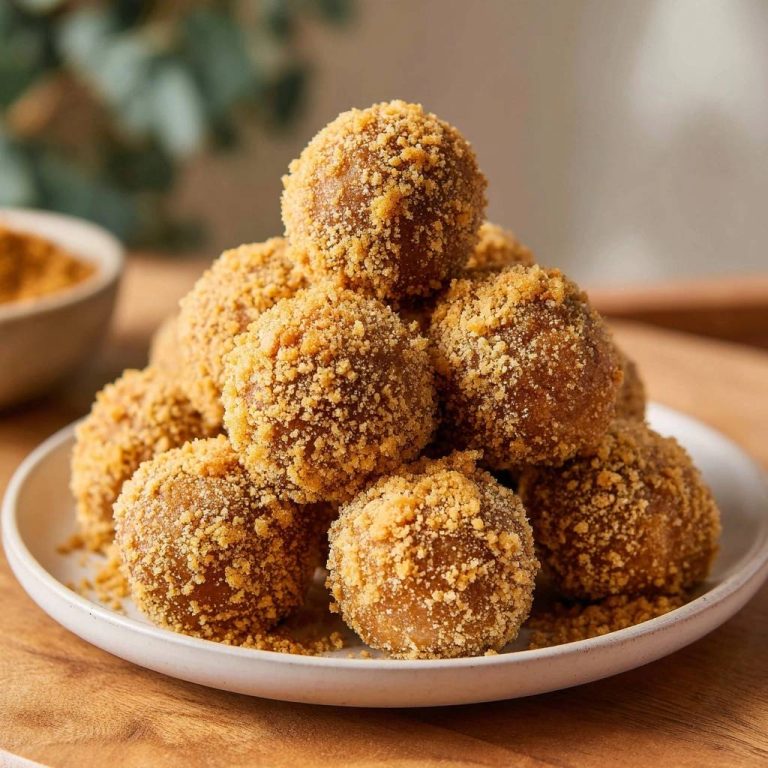 Knusprige Kurkuma-Kichererbsen-Bällchen auf einem weißen Teller, umgeben von einer Schüssel mit Kichererbsenbröseln.