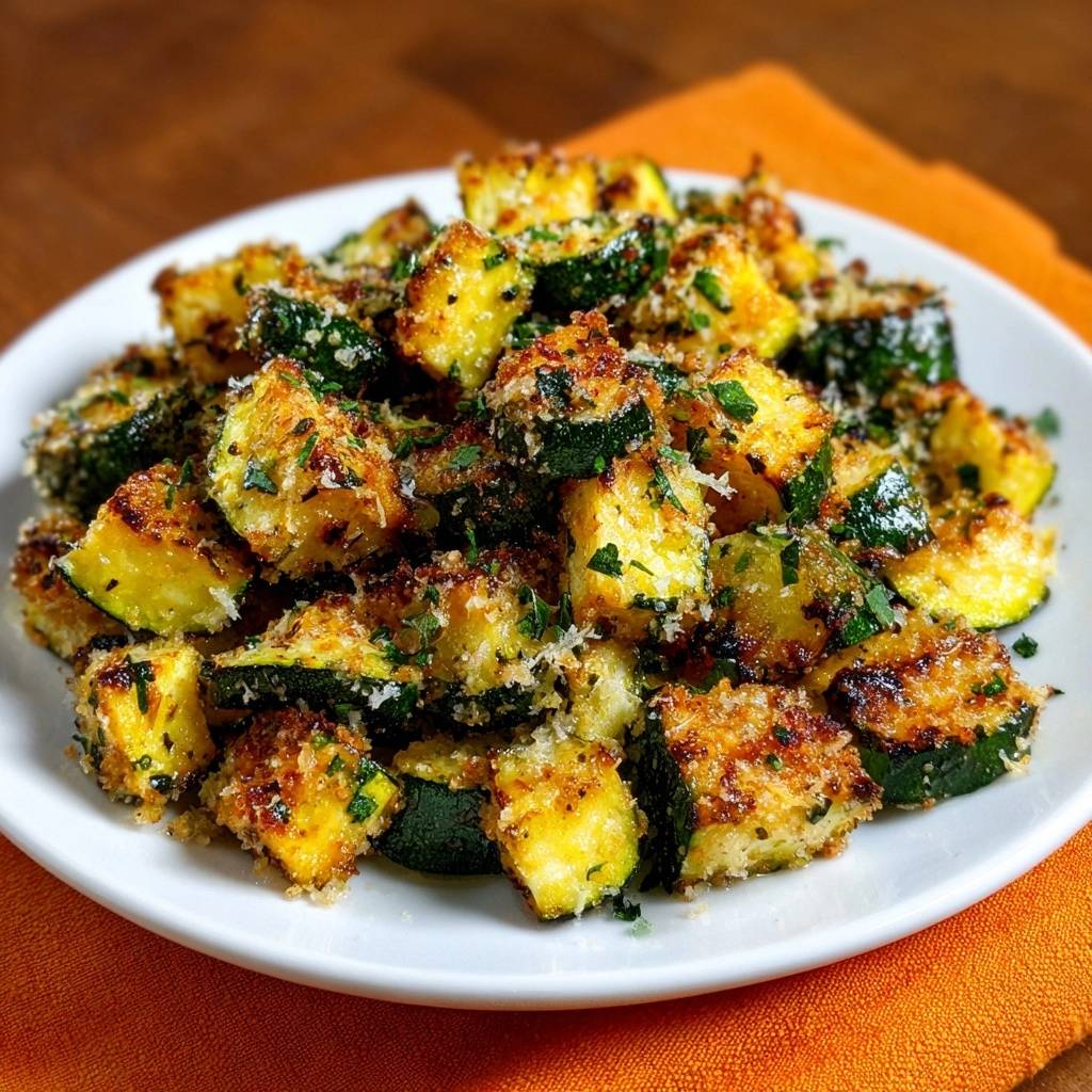 Knusprige Parmesan Zucchini Detail Garnitur 1 Knusprige Parmesan-Zucchini, Nahaufnahme der goldbraunen, panierten Stücke mit frischer Petersilie garniert.