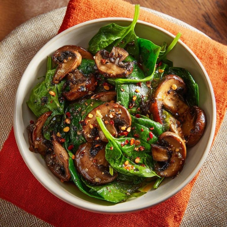 Knusprige Pilze mit Spinat und Chili, serviert in einer Schüssel, mit roten Chiliflocken bestreut, Nahaufnahme.
