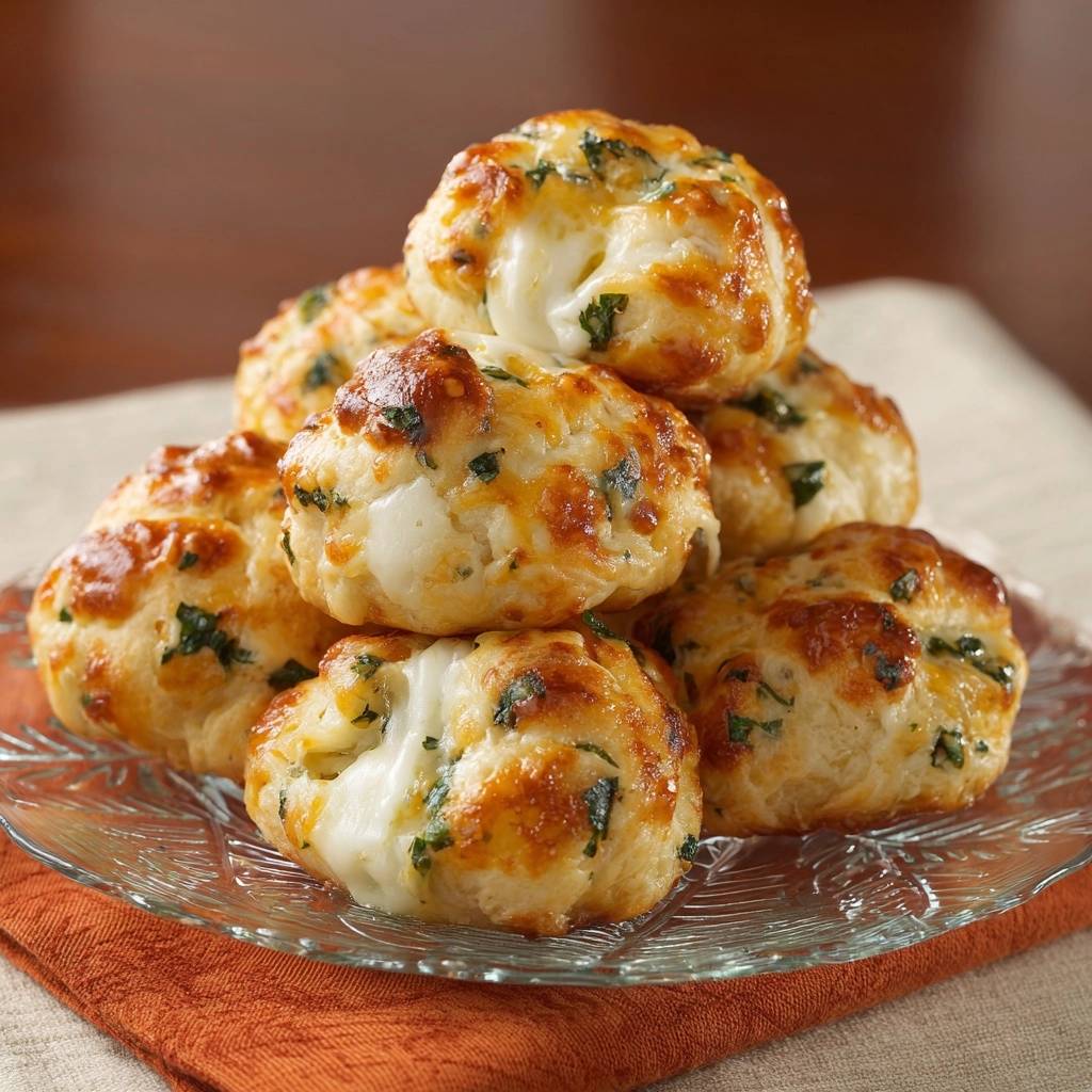 Knusprige Schnittlauch-Käse-Bällchen mit geschmolzenem Käse im Inneren, nah aufgenommen auf einem Glas-Teller.