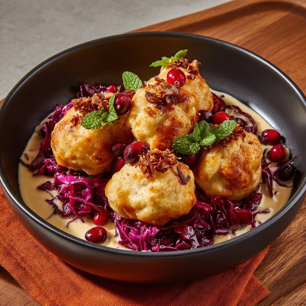 Knusprige Semmelkndel Garniert 1 Knusprige Semmelknödel mit Rotkohl und Preiselbeer-Sahnesoße, garniert mit Minze und Cranberries, in einer schwarzen Schüssel serviert.
