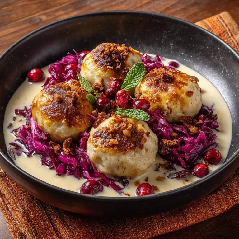 Knusprige Semmelknödel mit Rotkohl und Preiselbeer-Sahnesoße, detailreiche Nahaufnahme der garnierten Klöße mit Minze und Preiselbeeren.