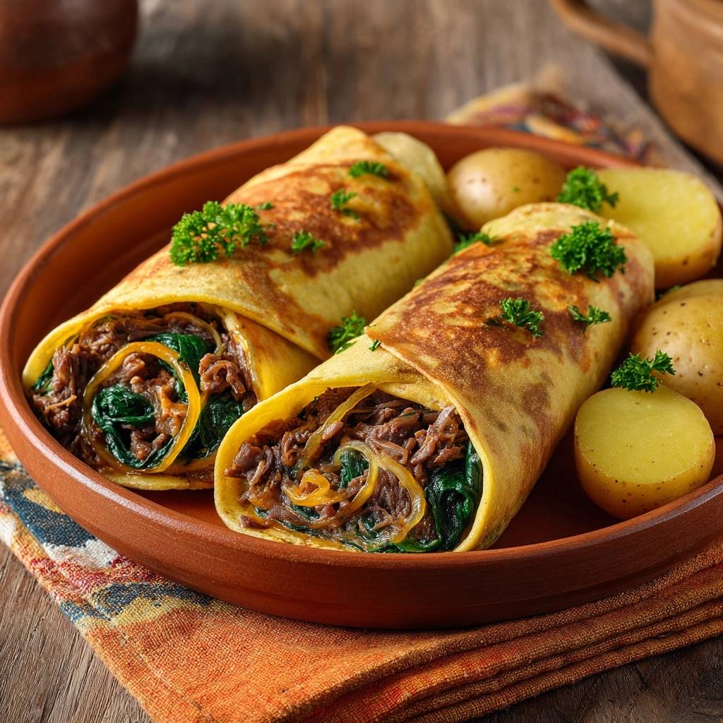 Knusprige Spinat-Hack-Crêpes sind auf einem Teller mit Kartoffeln und Petersilie garniert, die Füllung ist gut sichtbar.