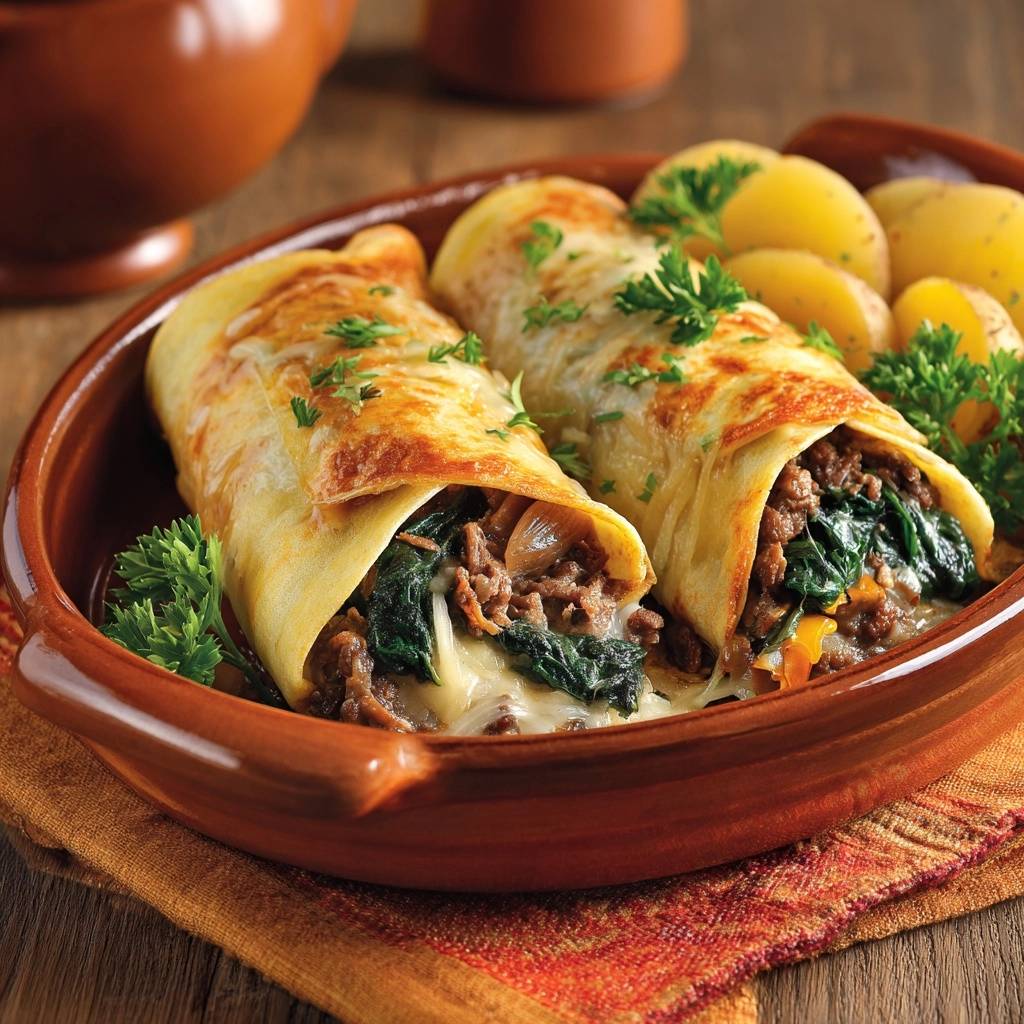 Knusprige Spinat-Hack-Crêpes mit geschmolzenem Käse und frischer Petersilie, Nahaufnahme der herzhaften Füllung.