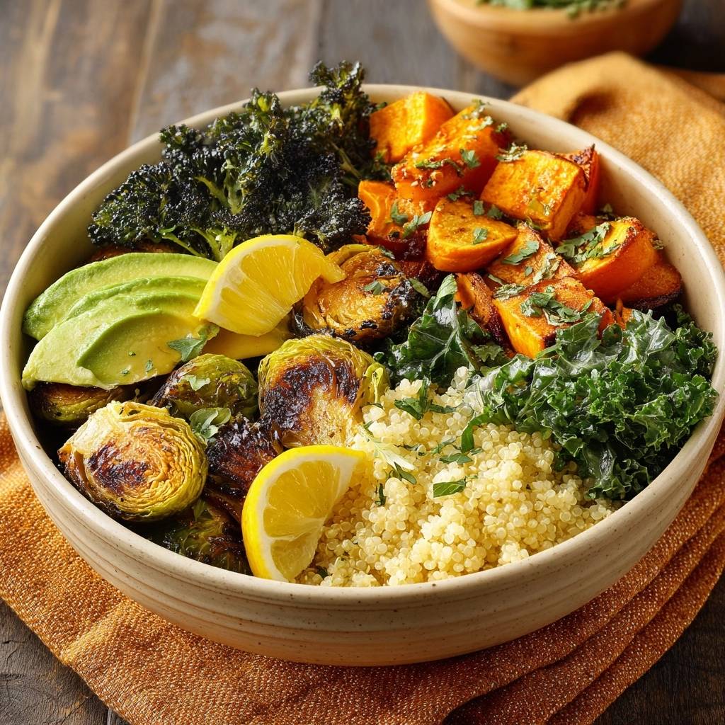 Knusprige Sueskartoffel Rosenkohl Bowl Nahaufnahme 1 Knusprige Süßkartoffel-Rosenkohl-Bowl mit Avocado, Quinoa und Zitrone, Nahaufnahme des gesunden Gerichts in einer Schüssel.