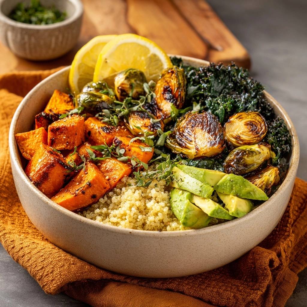 Knusprige Süßkartoffel-Rosenkohl-Bowl mit Quinoa, Avocado und Zitrone, Nahaufnahme der bunten Bowl-Zutaten