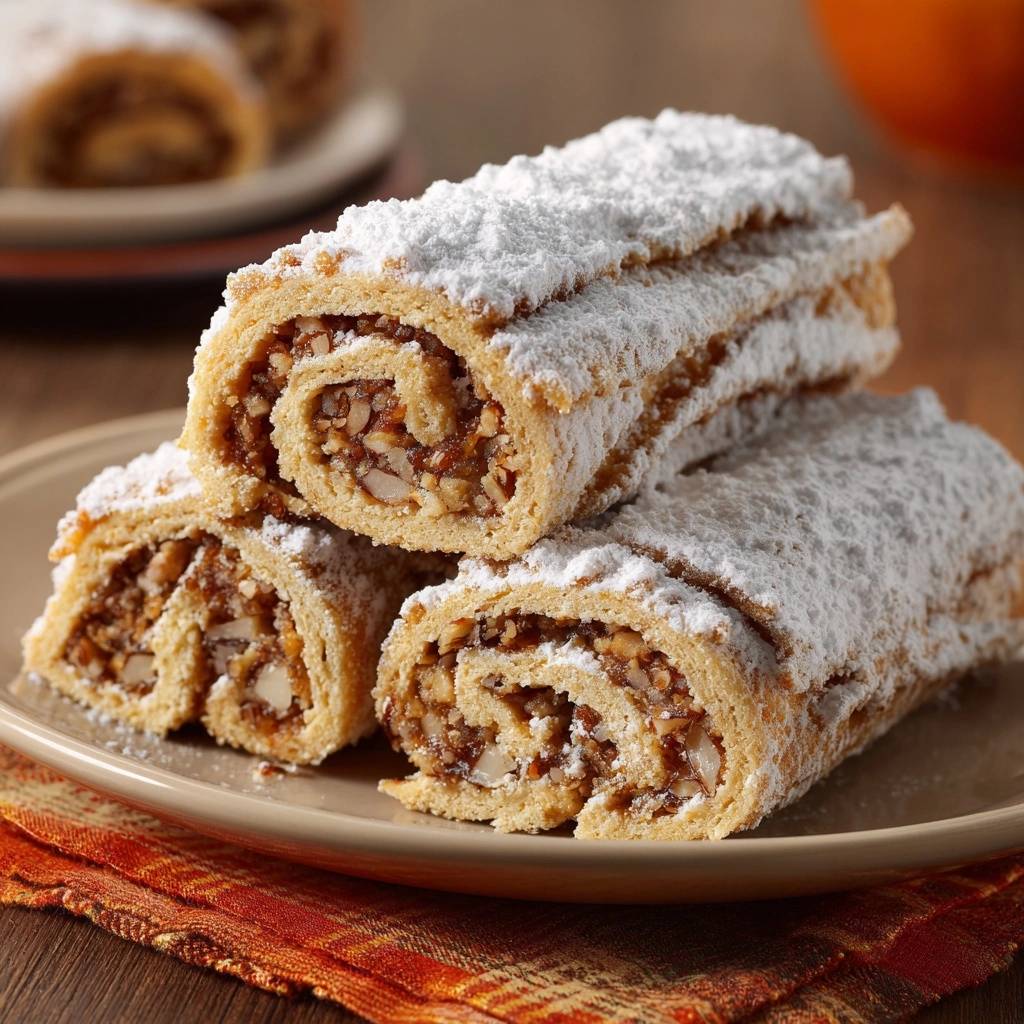 Knusprige Walnussstrudel Angeschnitten Nahaufnahme 1 Knusprige Walnussstrudel angeschnitten, mit einem detaillierten Blick auf die Füllung und das bestäubte Gebäck.